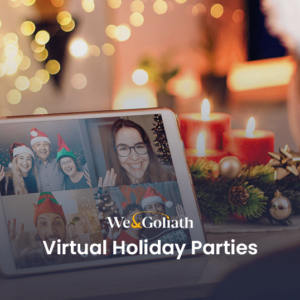 16 Fun Virtual Holiday Party Ideas That Work A woman is holding a tablet with the words virtual holiday parties.