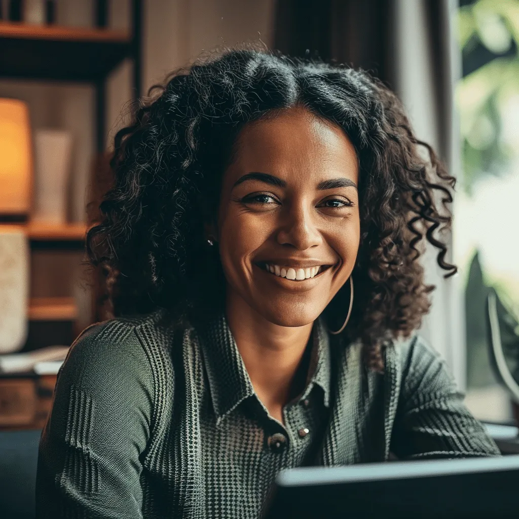 A smiling woman using a laptop at home.