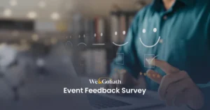 25 Event Feedback Survey Questions for Impact & Satisfaction A man with a smiley face holding a laptop with the words event feedback survey.
