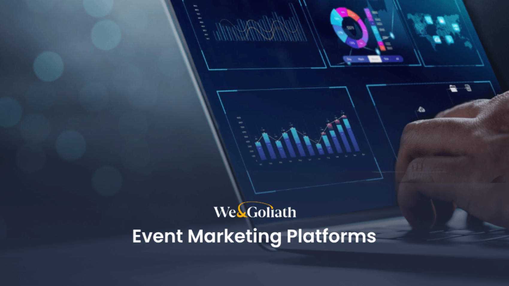 A person typing on a laptop with the words event marketing platforms.