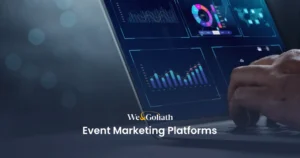 Top Event Marketing Platforms to Grow Your 2025 Events A person typing on a laptop with the words event marketing platforms.