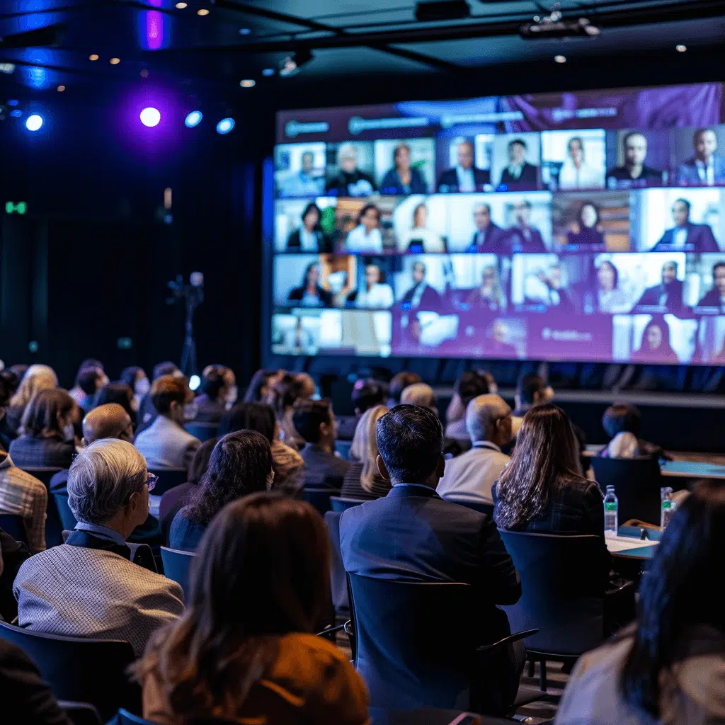 A large group of people watching a large screen.