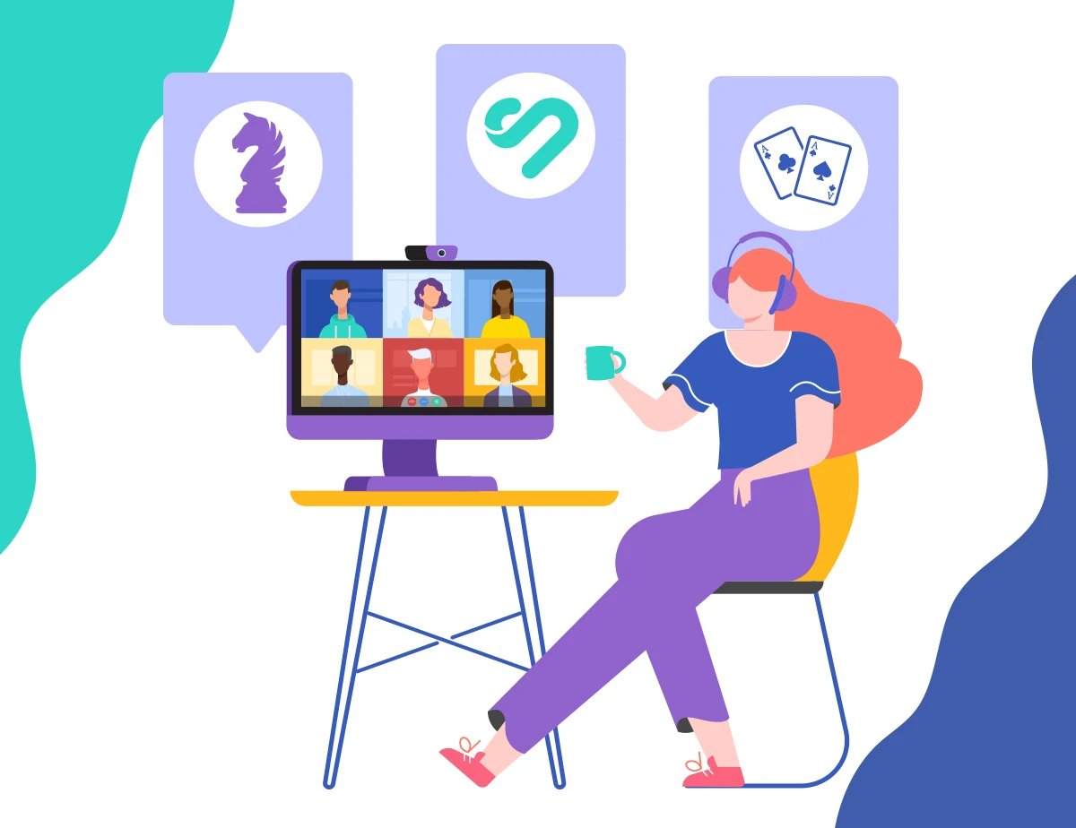 Illustration of a person on a laptop video call surrounded by game icons
