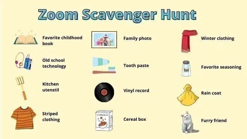 Zoom scavenger hunt list of illustrated household items to find