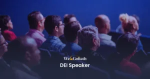 How Do You Pick the Best DEI Speaker for the Job? A group of people in front of a blue screen with the words dt speaker.