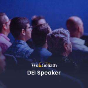 How Do You Pick the Best DEI Speaker for the Job? A group of people in front of a blue screen with the words dt speaker.