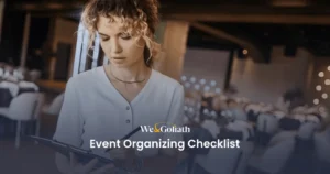 10-Step Ultimate Checklist for Event Organizing An image of a woman holding a tablet with the text event organizing checklist.