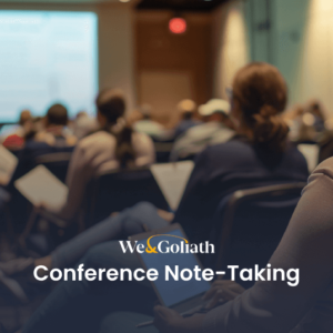 Audience member utilizing a conference note-taking template at a presentation.