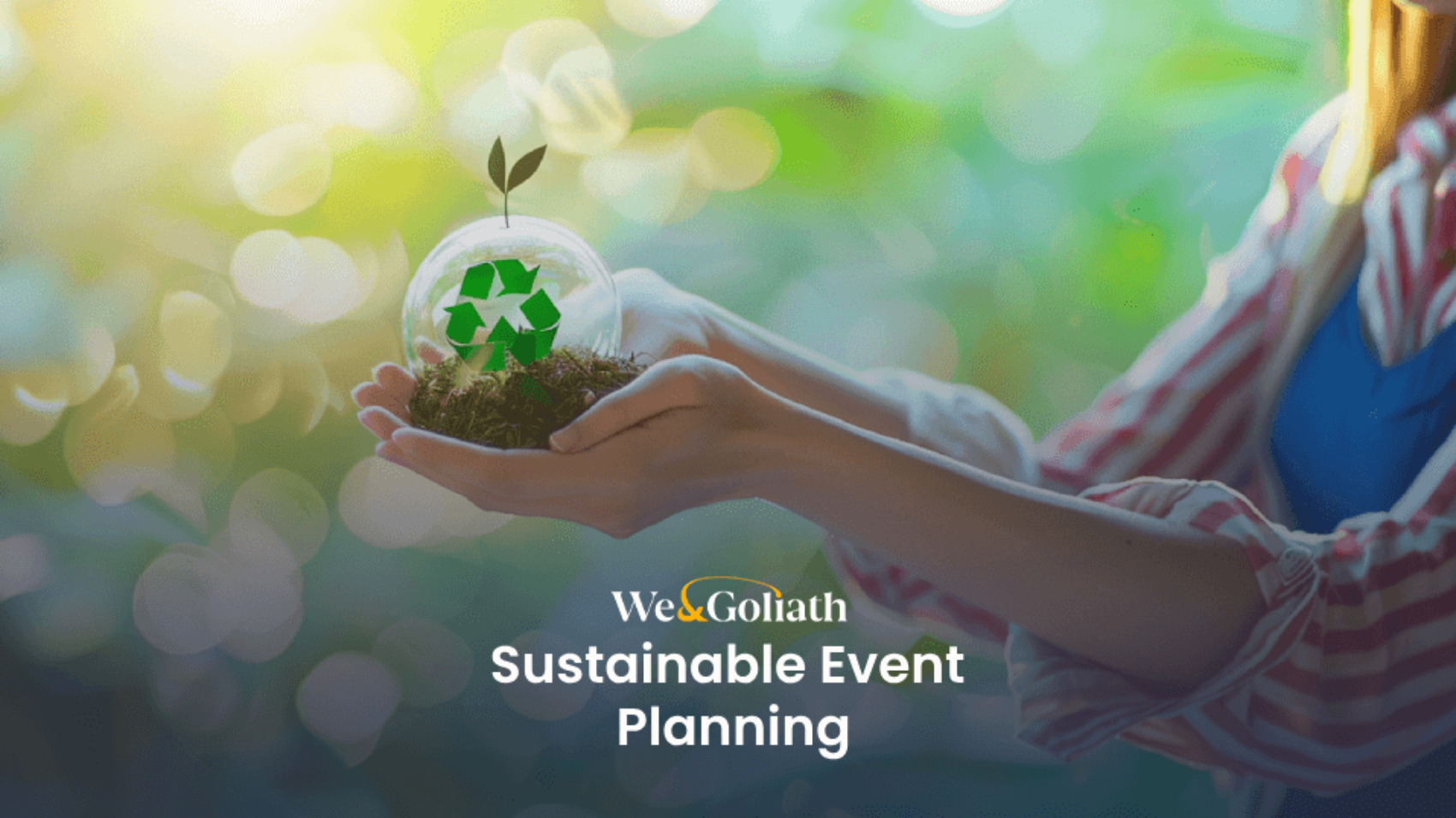 Person holding a plant with a recycling symbol, promoting sustainable event planning.