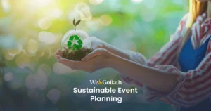 The Path to Sustainable Event Planning Success Person holding a plant with a recycling symbol, promoting sustainable event planning.