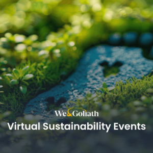 Close-up of lush green foliage with text overlay: "webgoliath virtual sustainability events.