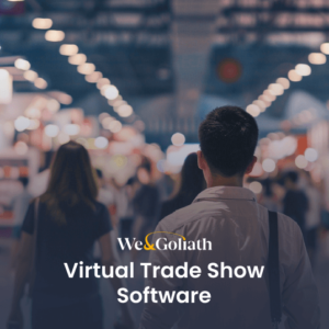 Attendees walking through a trade show with a text overlay reading "virtual trade show software.