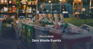 Towards Zero Waste Events: Practical Steps for Event Planners Color-coded recycling bins lined up at an outdoor event with the text "zero waste events".