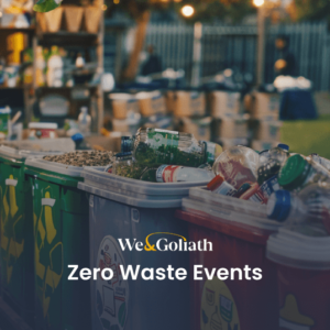 Color-coded recycling bins lined up at an outdoor event with the text "zero waste events".