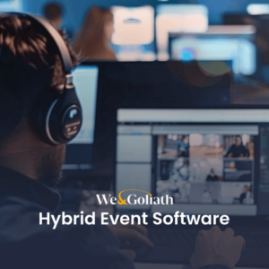 A man with headphones working at a computer in an office environment with text overlay about hybrid event software.