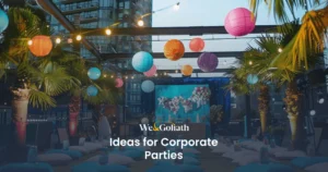Corporate Event Ideas for Unforgettable Office Parties Colorful lanterns decorate an outdoor corporate event venue at dusk.