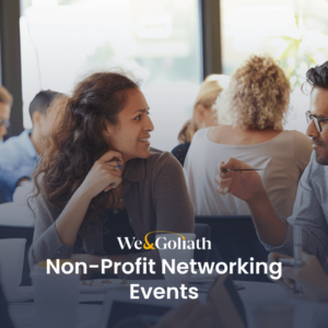 Professionals engaging in conversation at a non-profit networking event.