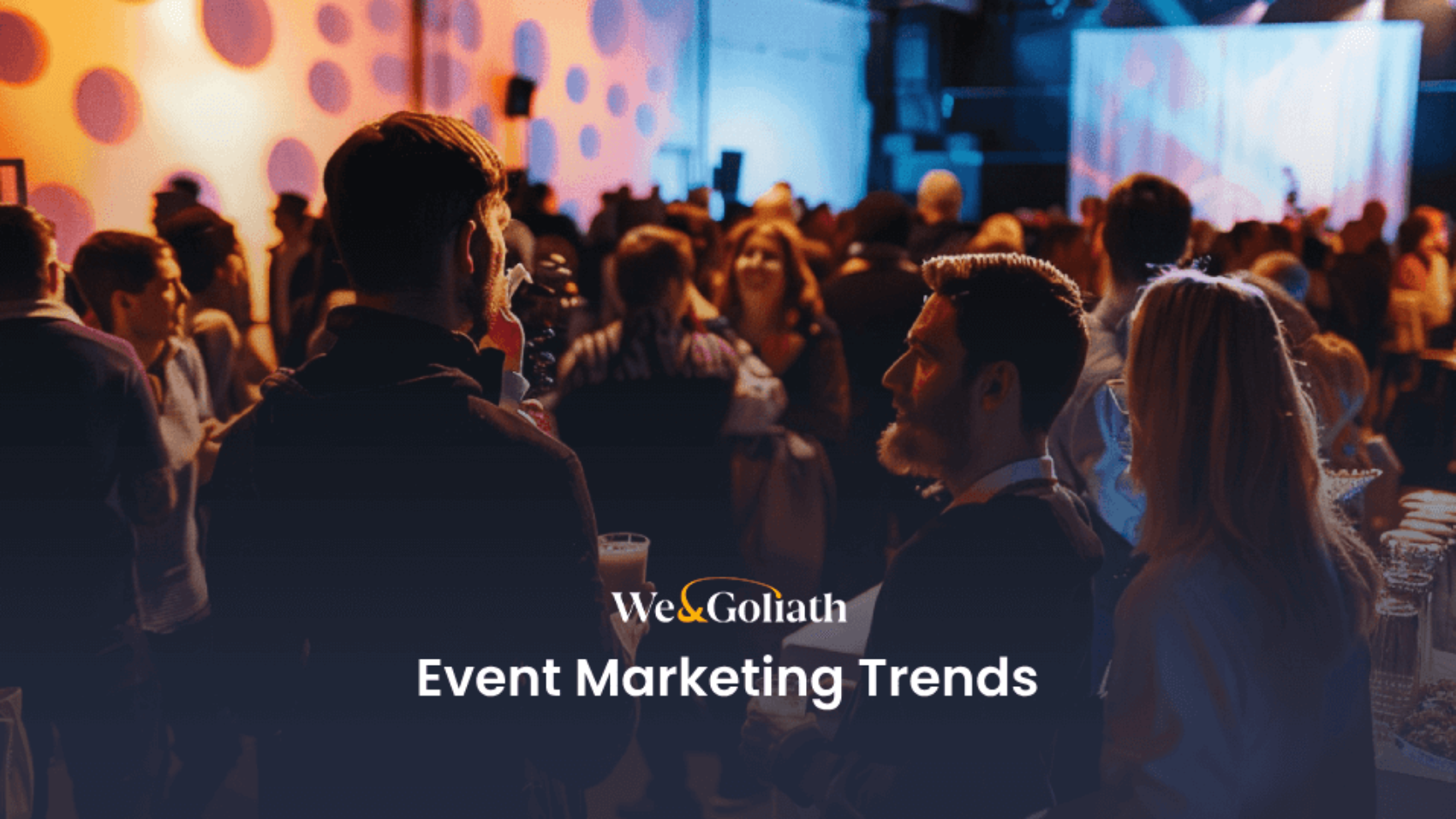 A networking event with people gathered in a dimly lit room, highlighting a presentation slide titled "Event Marketing Trends.
