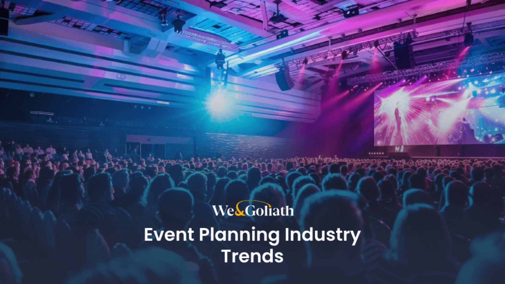 A large crowd at an indoor conference event with vibrant stage lighting and "event planning industry trends" text overlay.