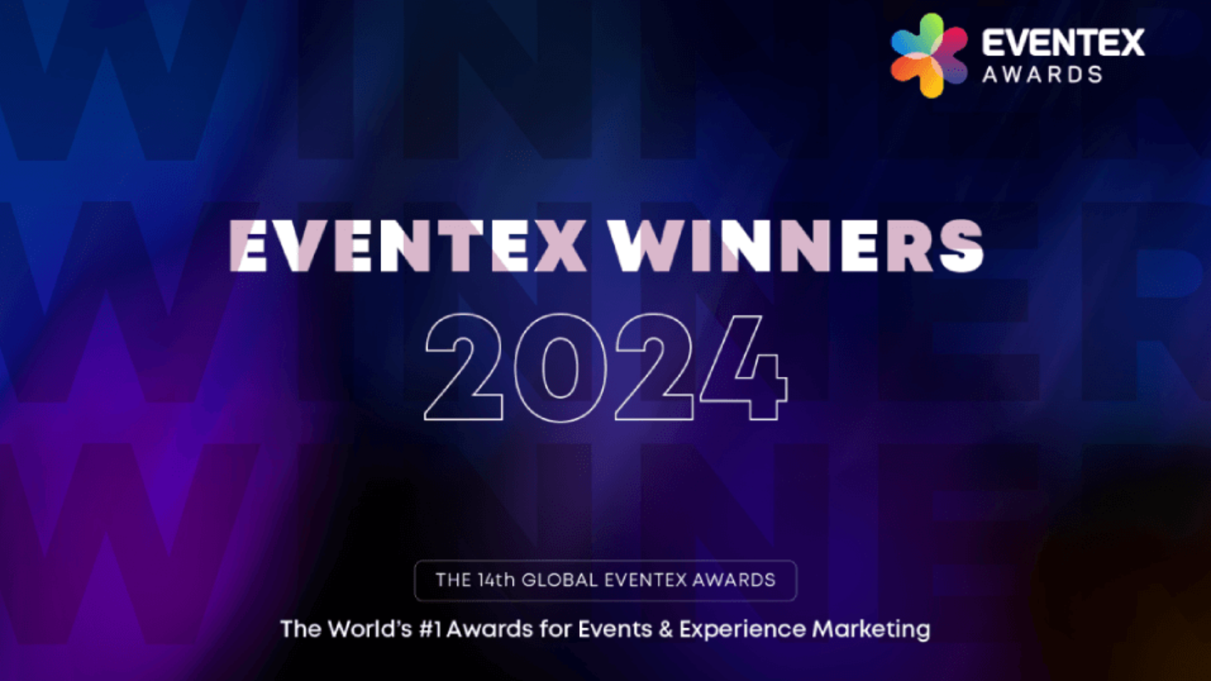 Promotional image for the 14th global eventex awards in 2024, highlighting "We and Goliath wins Eventex 2024" against a blue and purple abstract background.