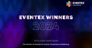 How Our Underdog Agency Triumphed Over Google in Virtual Event of the Year Award Promotional image for the 14th global eventex awards in 2024, highlighting "We and Goliath wins Eventex 2024" against a blue and purple abstract background.