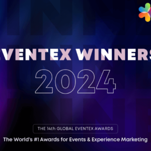 Promotional image for the 14th global eventex awards in 2024, highlighting "We and Goliath wins Eventex 2024" against a blue and purple abstract background.
