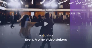 Elevate Your Event: Free Promo Video Maker Tips Two people are dancing in a dimly lit room with string lights overhead. Text on the image reads, “We & Goliath - Event Promo Video Makers.” A play button icon is displayed in the center.