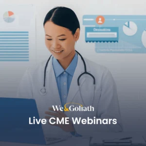 Live and On-Demand CME Webinars for Busy Doctors A doctor in a white coat smiles at a laptop. Background features charts on a wall. Text overlay reads, "We & Goliath Live CME Webinars.