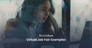 Virtual Job Fair Tips and Ideas: Your Guide to Success A person sits at a desk, looking at a computer screen, with the text "We & Goliath Virtual Job Fair Examples" prominently overlayed on the image.