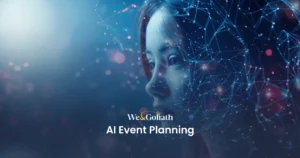 AI's Impact on Event Planning and Management A young woman’s face overlaid with a digital network pattern, representing technology and AI, with the text "We & Goliath AI Event Planning" displayed.