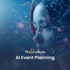 A young woman’s face overlaid with a digital network pattern, representing technology and AI, with the text "We & Goliath AI Event Planning" displayed.