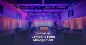Essential Guide to Successful Event Planning We and Goliath cover for company event management, showing a purple-lit event hall
