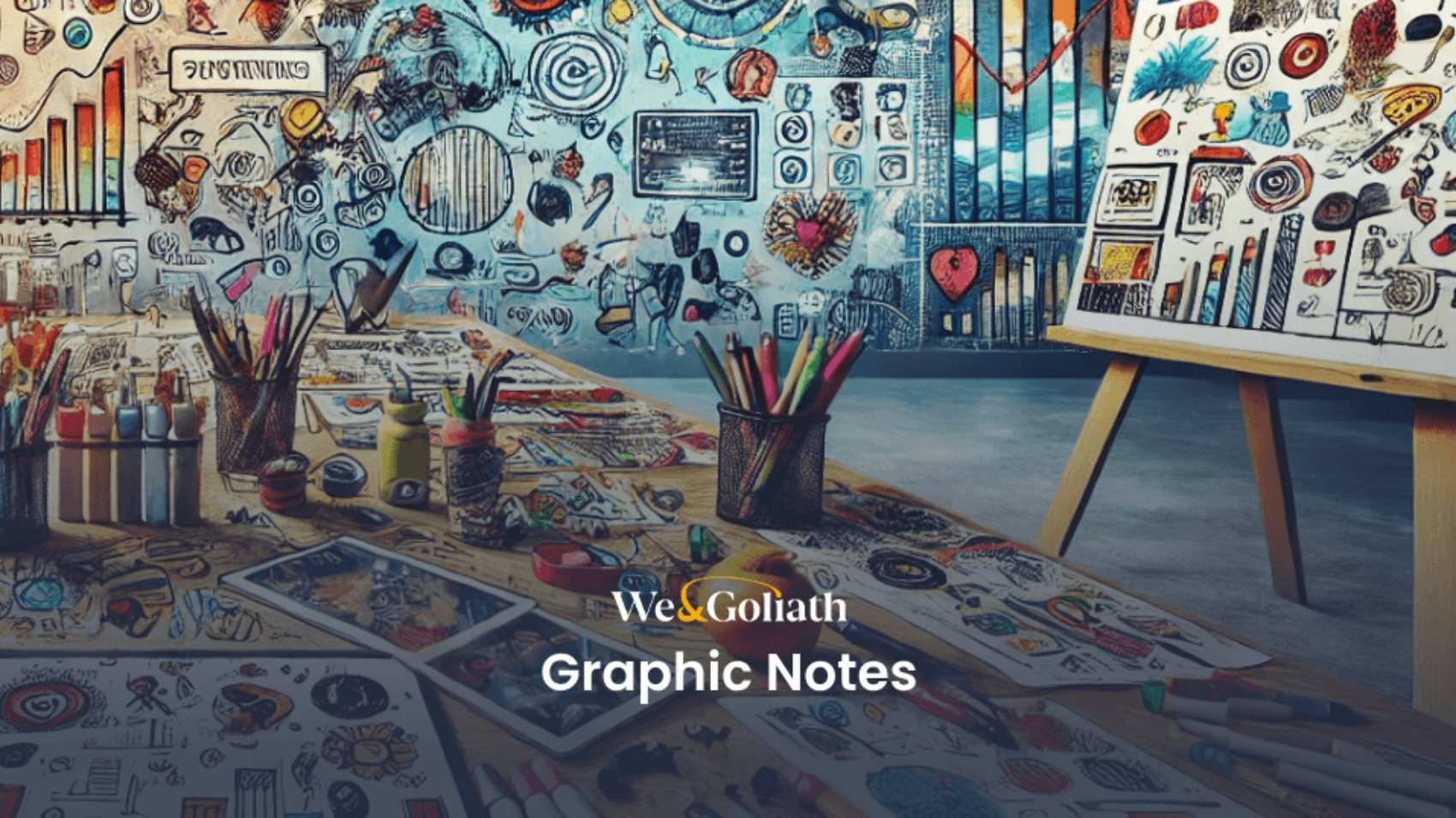 A cluttered studio with tables and walls covered in colorful graphic notes, drawings, and sketches. Art supplies and tools are scattered across the work surface. Text on image: "We & Goliath Graphic Notes.