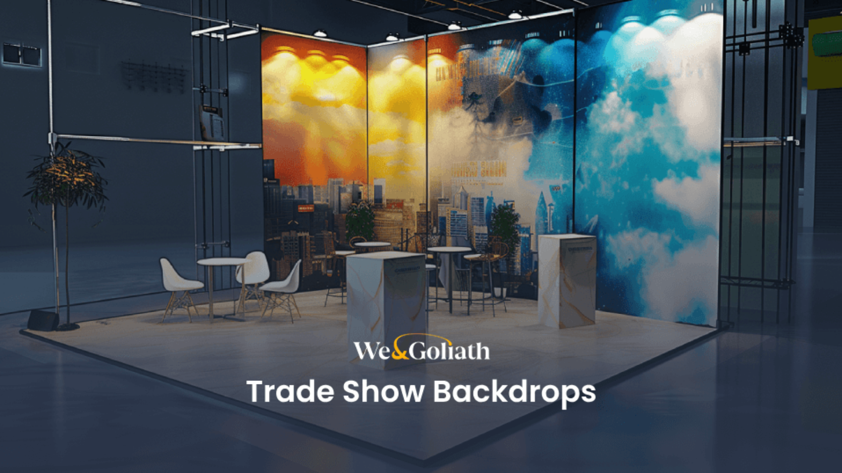 A modern exhibition booth with vibrant cityscape and cloud murals, featuring minimalist furniture including tables, chairs, and podiums, and two potted plants, set in an industrial hall.