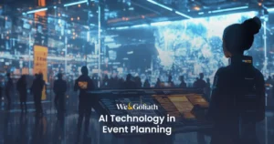 Innovative Approaches to Event Management Using AI We and Goliath cover for AI technology in event planning, showing silhouettes in a data-lit hall