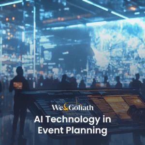 Innovative Approaches to Event Management Using AI We and Goliath cover for AI technology in event planning, showing silhouettes in a data-lit hall