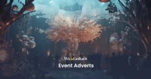 How to Advertise Events: Tips and Strategies We and Goliath cover for event adverts, showing a blossom tree in a dreamlike scene