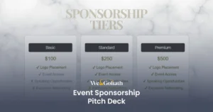 Creating a Compelling Proposal for Event Sponsorship We and Goliath cover for an event sponsorship pitch deck, showing sponsorship tiers