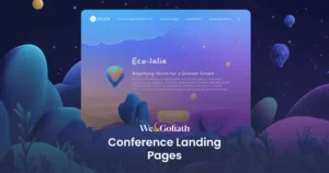 Designing Impactful Event Pages: Strategies and Insights We and Goliath cover for conference landing pages, showing a landing page design on screen