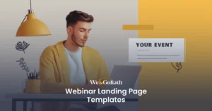 Mastering Registration Pages for Online Seminars: Essential Strategies and Examples We and Goliath cover for webinar landing page templates, showing a blank event card on a desk
