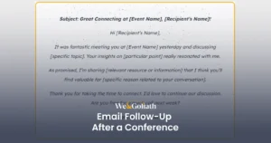 How to Craft a Follow-Up Email After a Conference We and Goliath cover for email follow-up after a conference, showing a follow-up email template