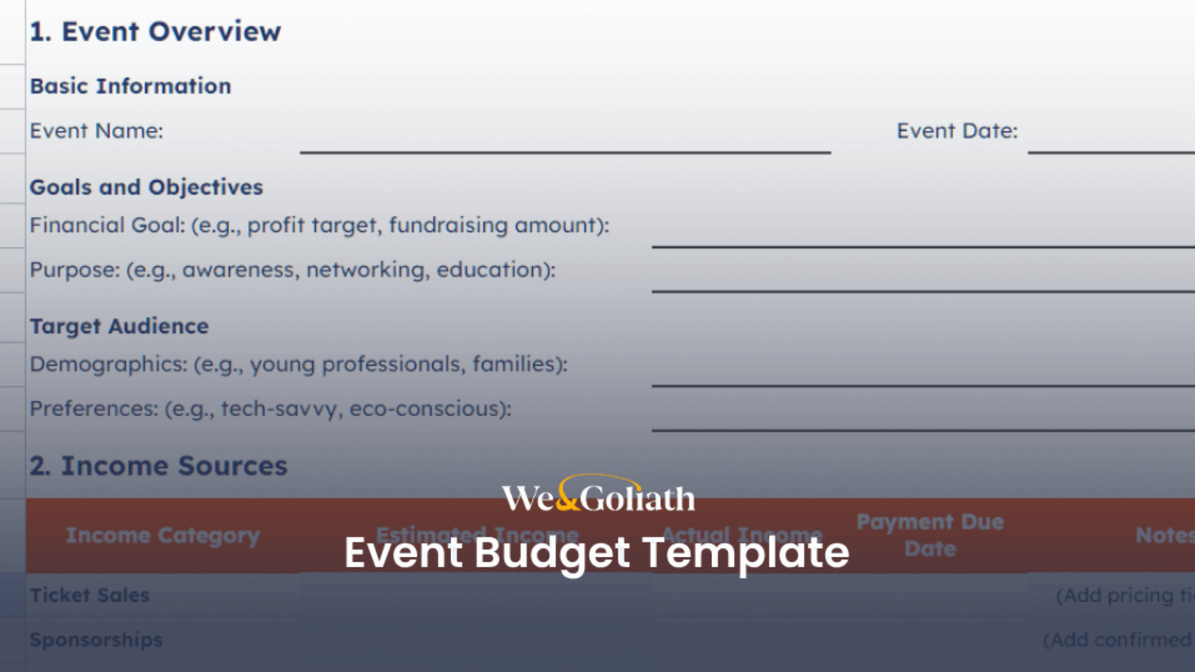 Event budget management template form with sections for event name, date, goals, objectives, and target audience. Includes areas for managing income sources, ticket sales, and sponsorships effectively.