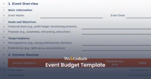 Effective Financial Strategies for Event Planning Event budget management template form with sections for event name, date, goals, objectives, and target audience. Includes areas for managing income sources, ticket sales, and sponsorships effectively.