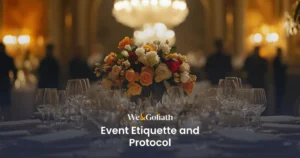 Event Management: Mastering Etiquette and Protocol We and Goliath cover for event etiquette and protocol, showing a formal table setting