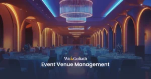 Mastering Venue Operations: A Comprehensive Guide We and Goliath cover for event venue management, showing a chandelier-lit ballroom