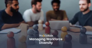 Creating an Inclusive Workplace: Strategies and Insights for Event Planning Teams We and Goliath cover for managing workforce diversity, showing a diverse team meeting