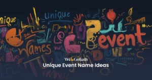 Unique Event Name Generator + Ideas and Strategies for Successful Branding We and Goliath cover for unique event name ideas, showing colourful event word art