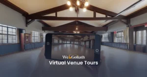 Why Virtual Venue Tours Are a Smart Investment for Venues We and Goliath cover for virtual venue tours, showing a phone panning an empty hall