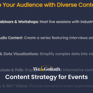 Infographic on content strategies for events, spotlighting webinars, podcasts, infographics, quizzes, and virtual reality to enhance your content strategy for events.