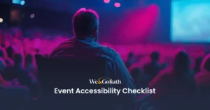 Guidelines for Planning Accessible Events We and Goliath cover for the event accessibility checklist, showing an audience at a lit concert